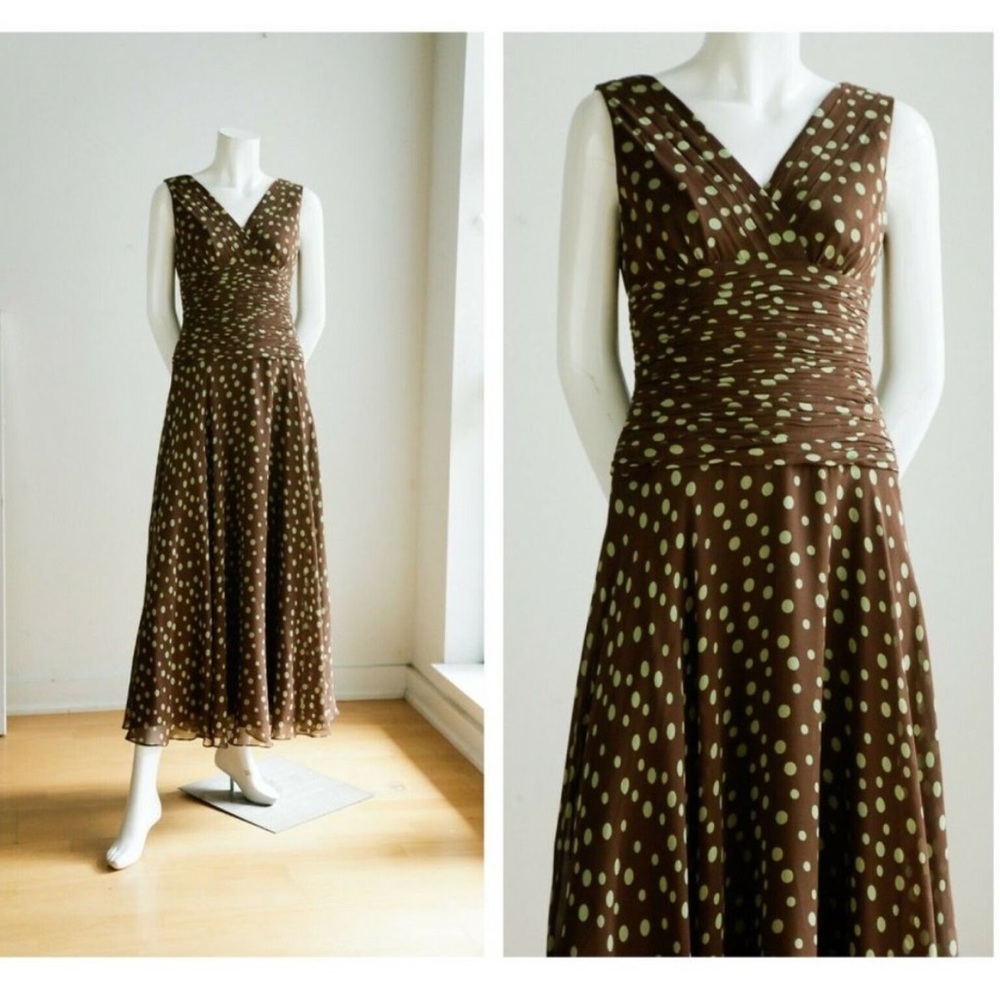 Suzy Chin Silk Chiffon Brown Green Polka Dot Dress